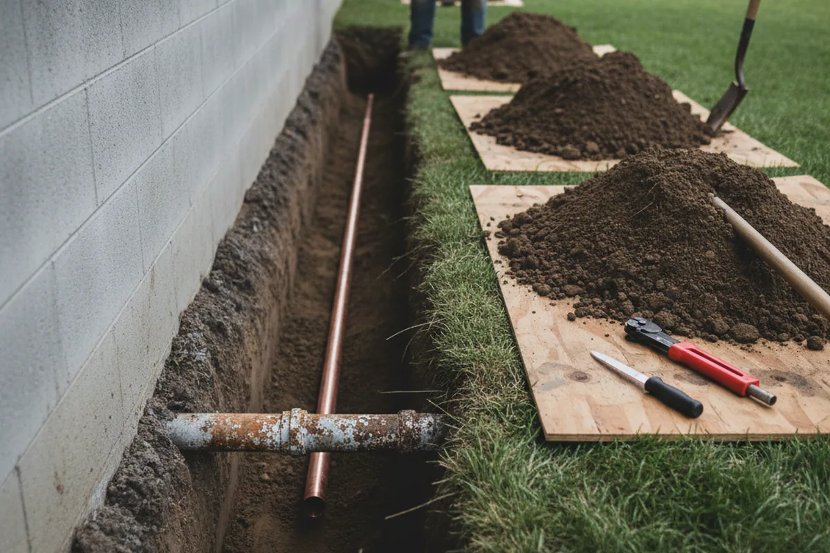 Excavated water line trench during Sewer Line Repair in Hampton
